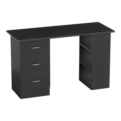 HOMCOM Computer Desk with Drawers, a black home office desk with three drawers on the left and three open shelves on the