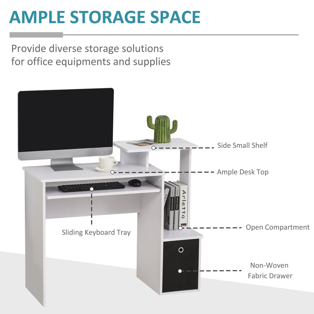 White computer desk with ample storage space and sliding keyboard tray