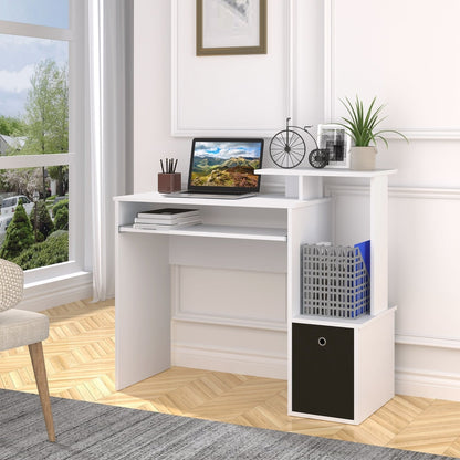 White computer desk with a laptop and accessories in a home office setting