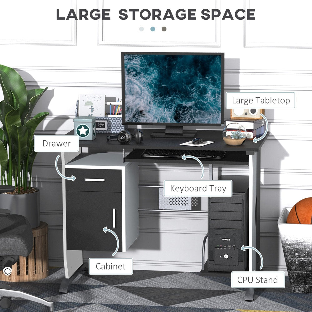 A labelled diagram of the computer desk highlighting storage and keyboard tray