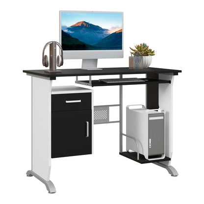 HOMCOM Computer Desk with Sliding Keyboard Tray, a black and white workstation with a drawer and cabinet