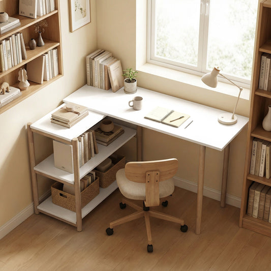The modern writing desk in a home office setting with books and a lamp