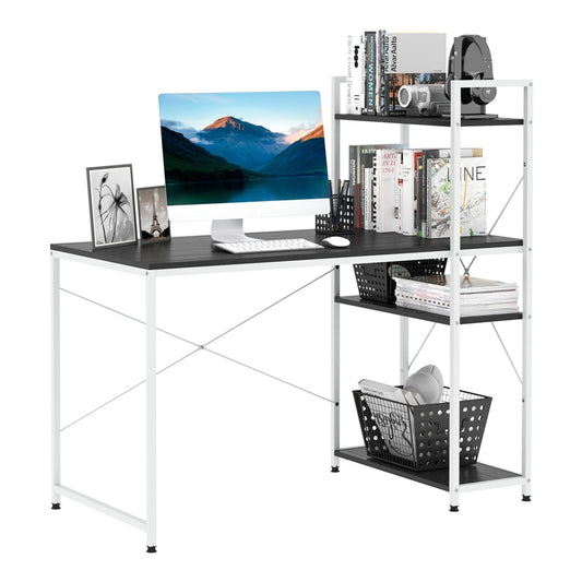 HOMCOM Computer Desk with storage shelves on the left, black top and white frame
