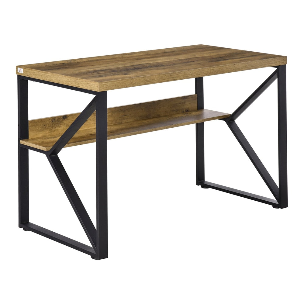 HOMCOM Computer Desk with a wood effect top and black metal frame, featuring a lower shelf