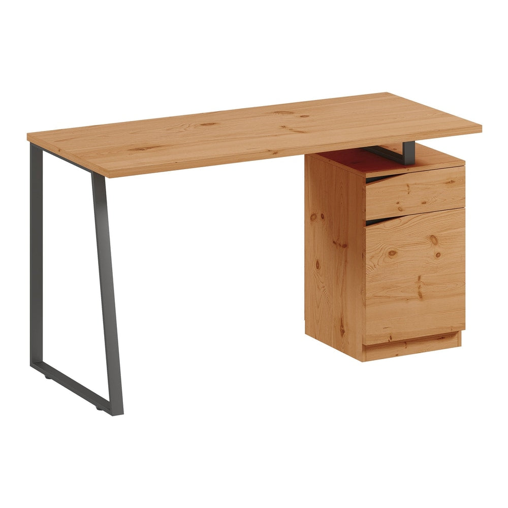 HOMCOM Computer Desk with a natural wood finish top and a side storage cabinet on metal legs