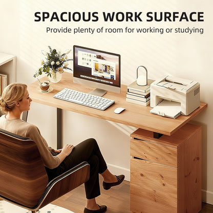The work table being used by a person sitting in a chair with a computer and printer
