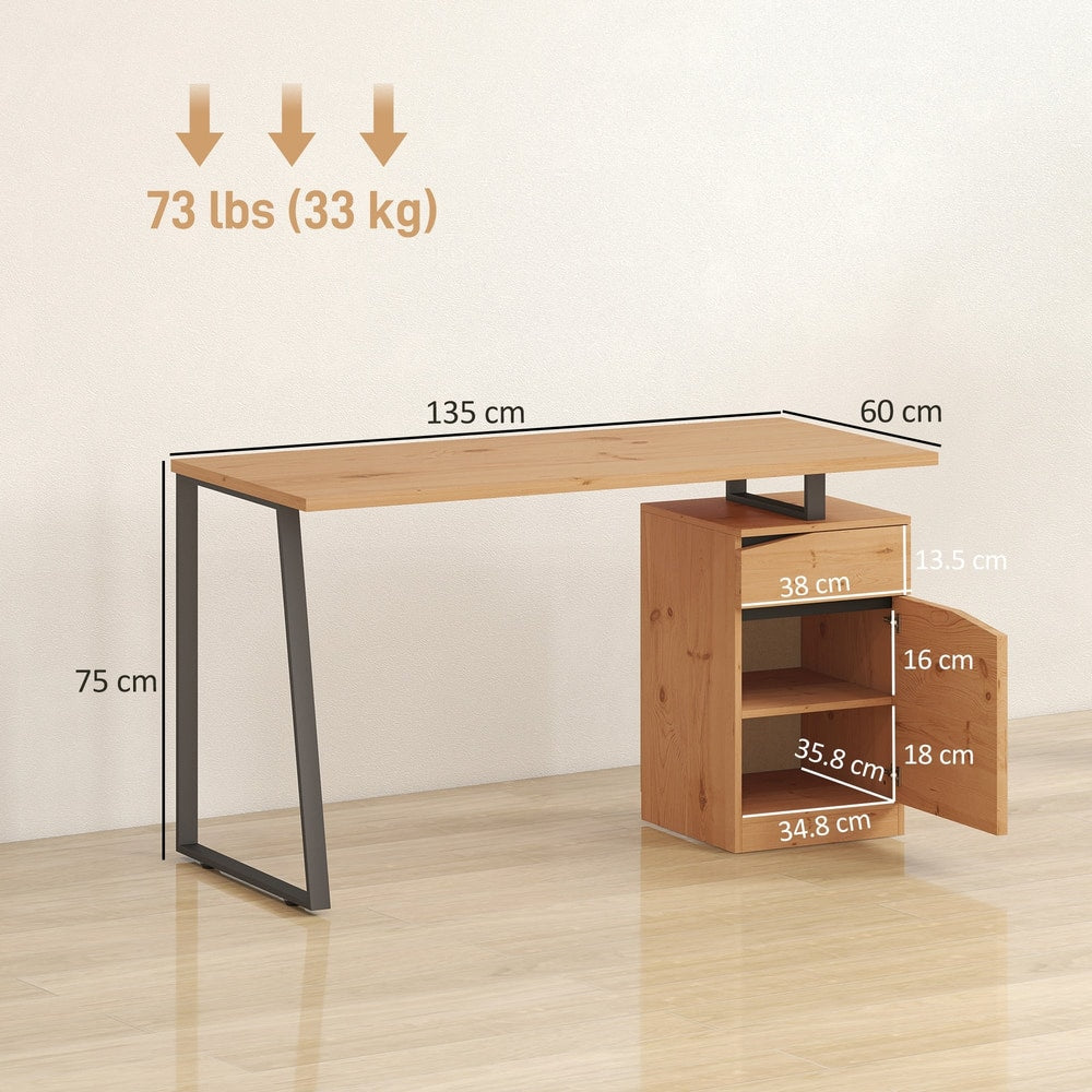 The writing desk showing dimensions and the open cabinet door with interior shelves
