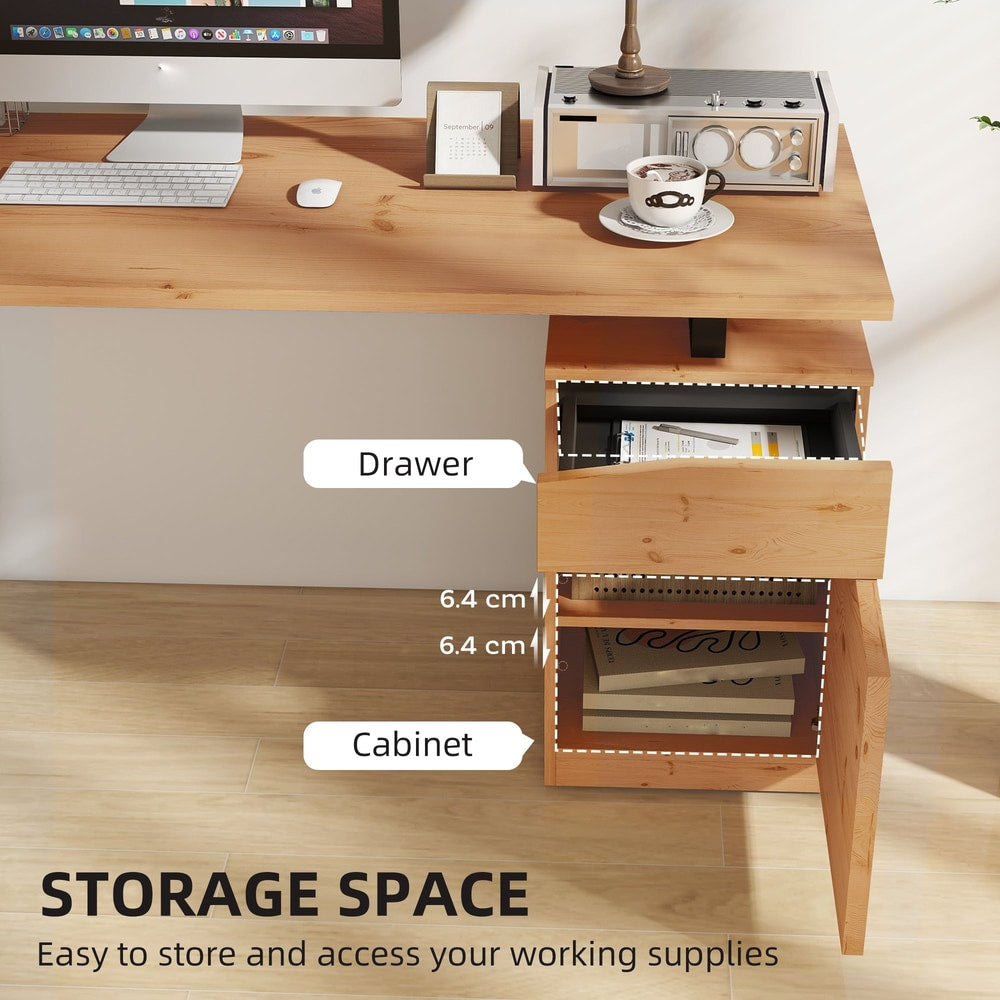 The storage cabinet with the drawer and door open to show the internal space