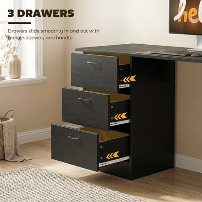 The three drawers of the black computer desk pulled out to show the metal sliders