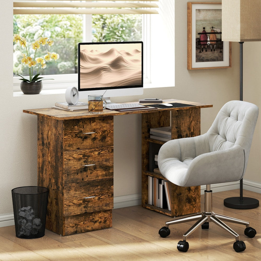 Rustic brown computer desk set up in a home office with a computer and chair