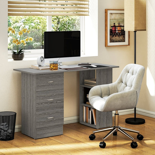 The office desk in a home office setting with a computer and chair