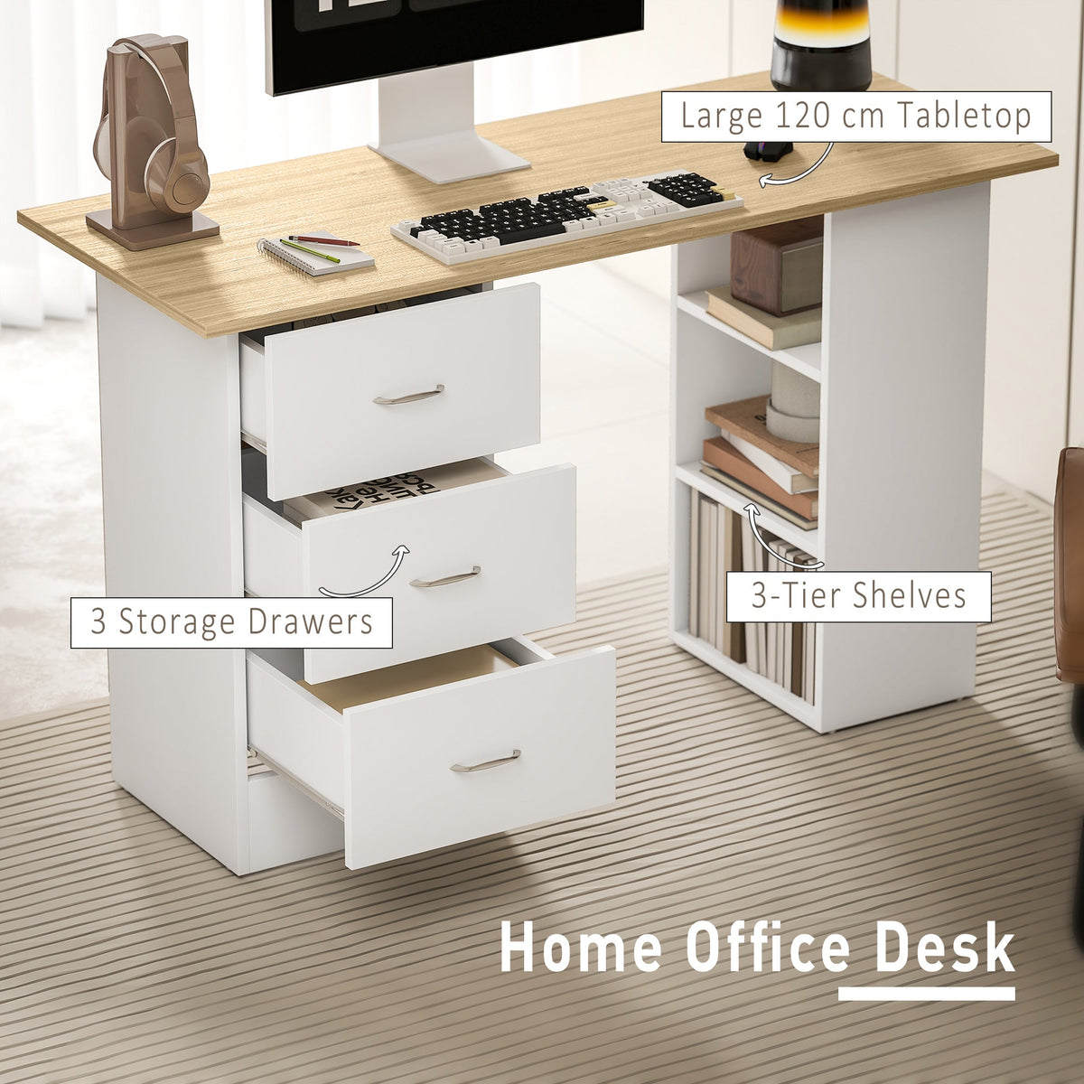The computer desk showing three open drawers and three shelves