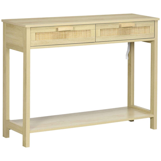 HOMCOM Console Sofa Table Hallway Side Desk with storage shelf and two drawers in natural wood effect