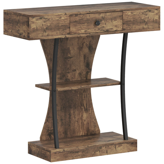HOMCOM Console Table with a drawer and two open shelves in rustic brown finish