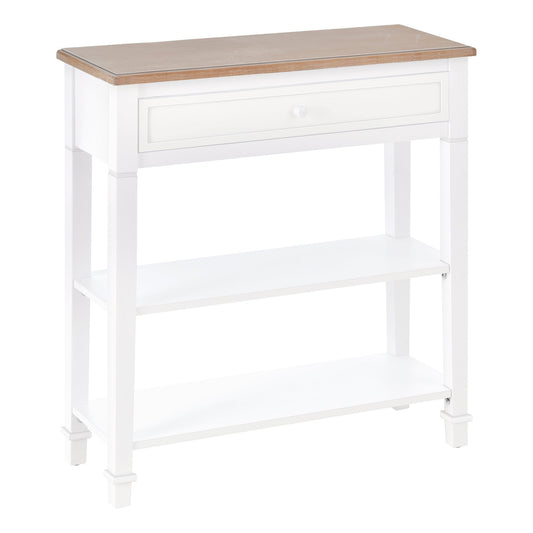 HOMCOM Console Table with a white frame, wooden top, single drawer and two lower storage shelves