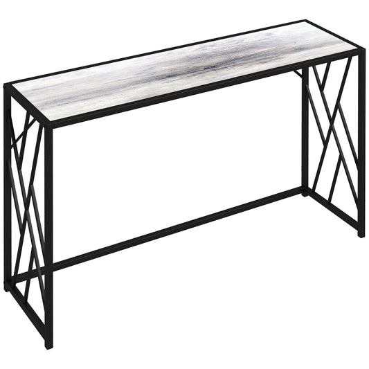 HOMCOM Console Table with a grey wood effect top and a black metal frame with cross side detailing