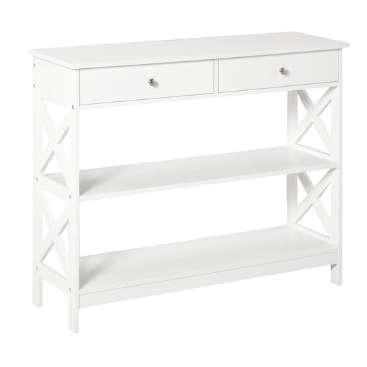 HOMCOM Console Table with two drawers and two open shelves, white finish, X-shaped side supports
