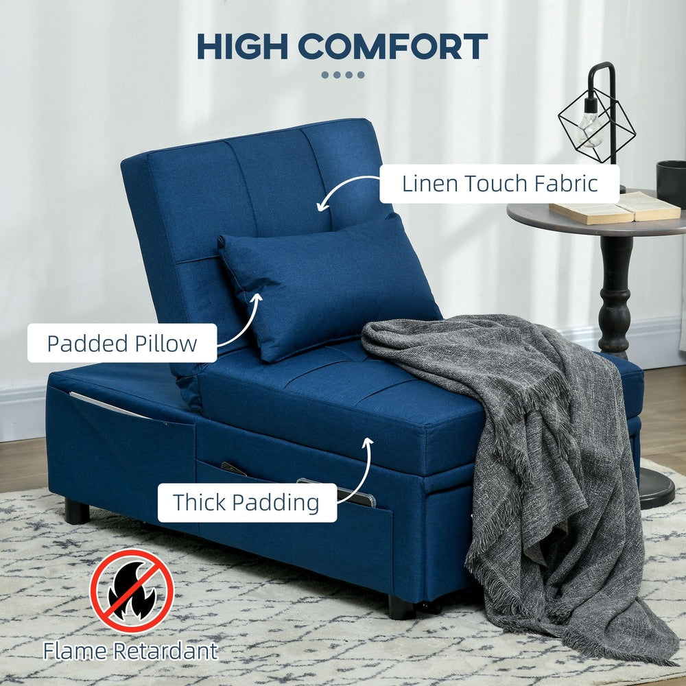 Close up of the blue convertible chair bed showing padded seat and side pocket