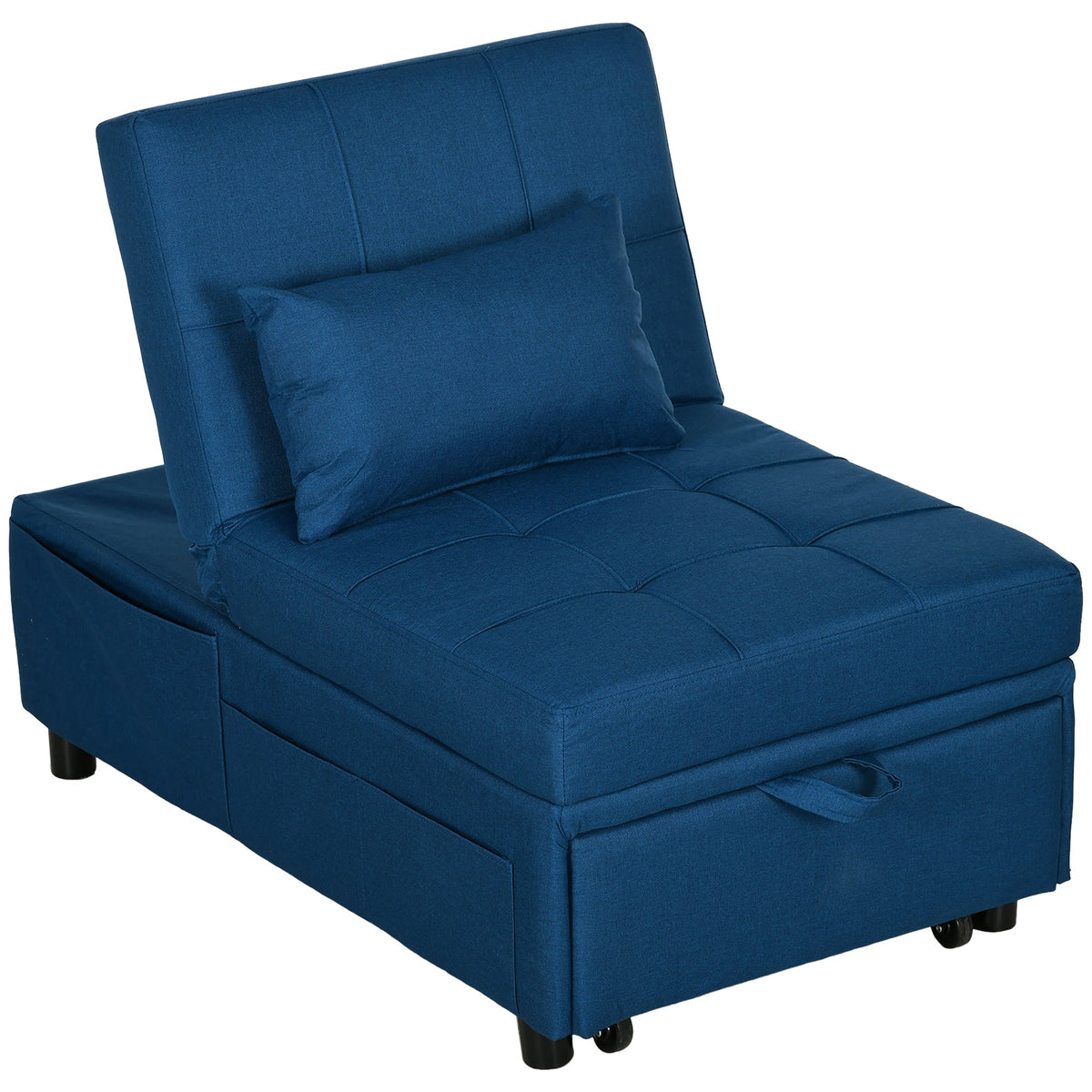 HOMCOM Convertible Chair Bed with Padding Seat in blue, shown as a chair with a pillow and side pocket