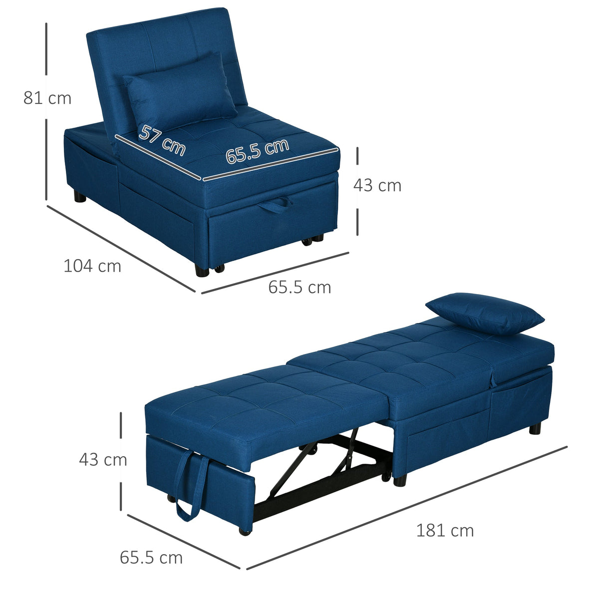 Size diagram of the blue convertible chair bed in its chair and bed forms