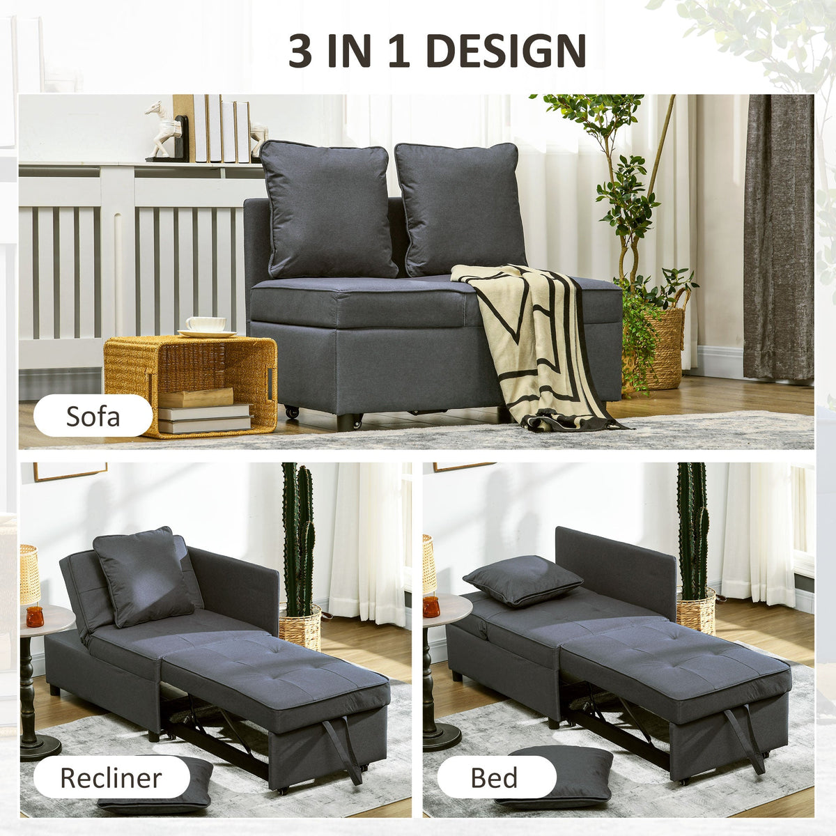 The grey sofa bed is shown in three different configurations: sofa, recliner, and bed