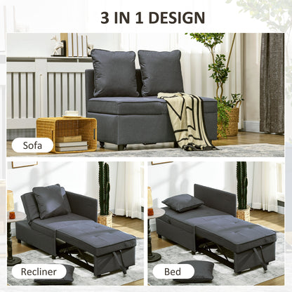 The grey sofa bed is shown in three different configurations: sofa, recliner, and bed