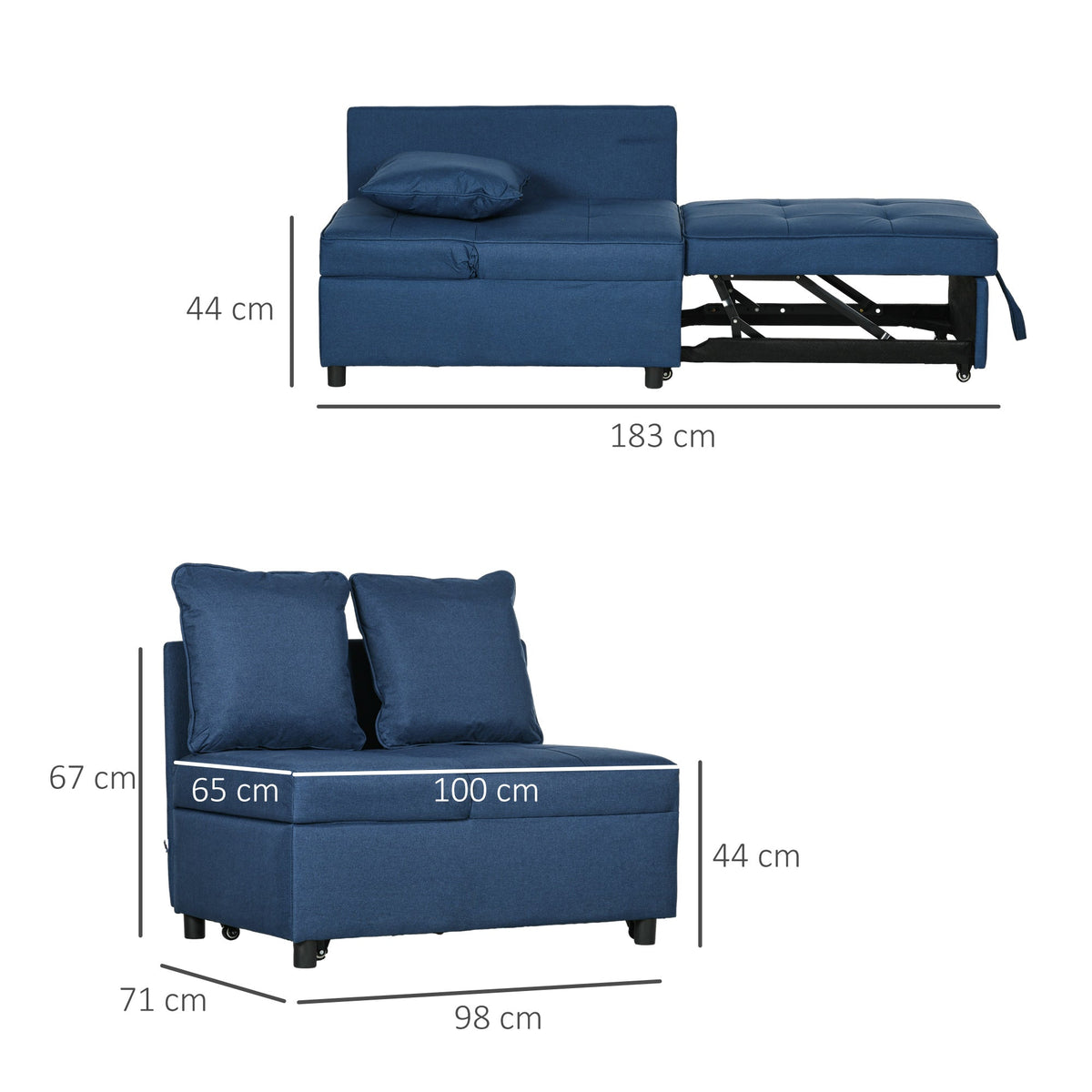 The sleeper chair bed showing dimensions for the sofa and extended bed configurations