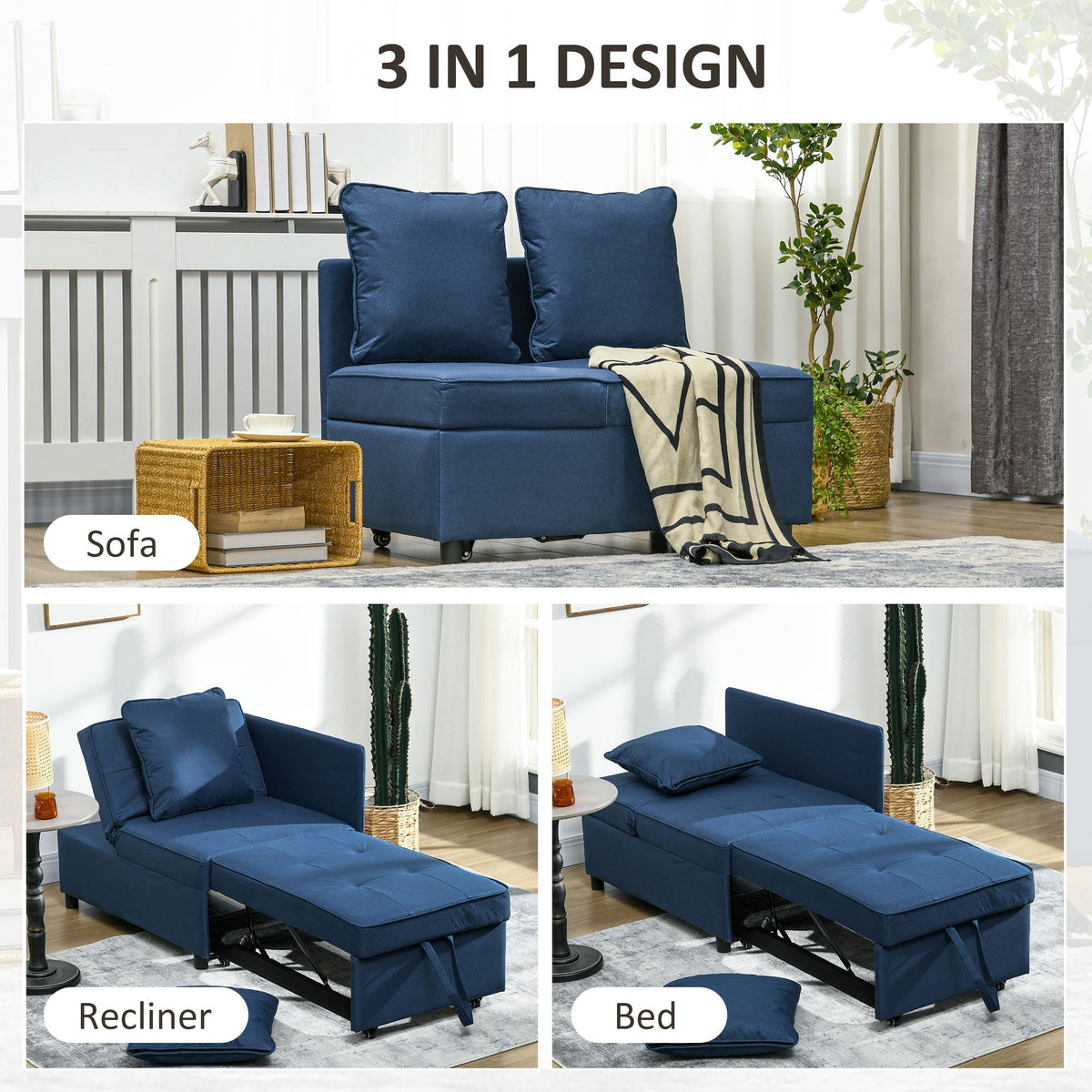 The multi-functional sofa shown in three different modes including bed and recliner