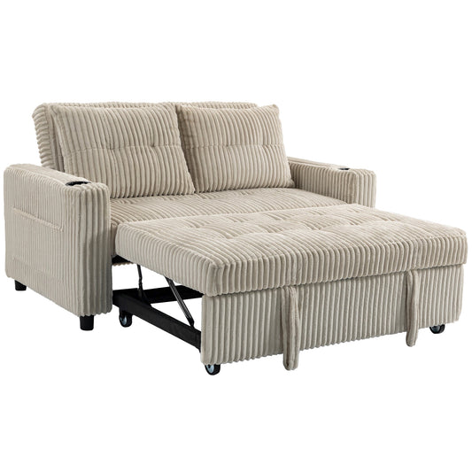 HOMCOM Corduroy Click Clack Sleeper Sofa as a sofa bed with the footrest extended