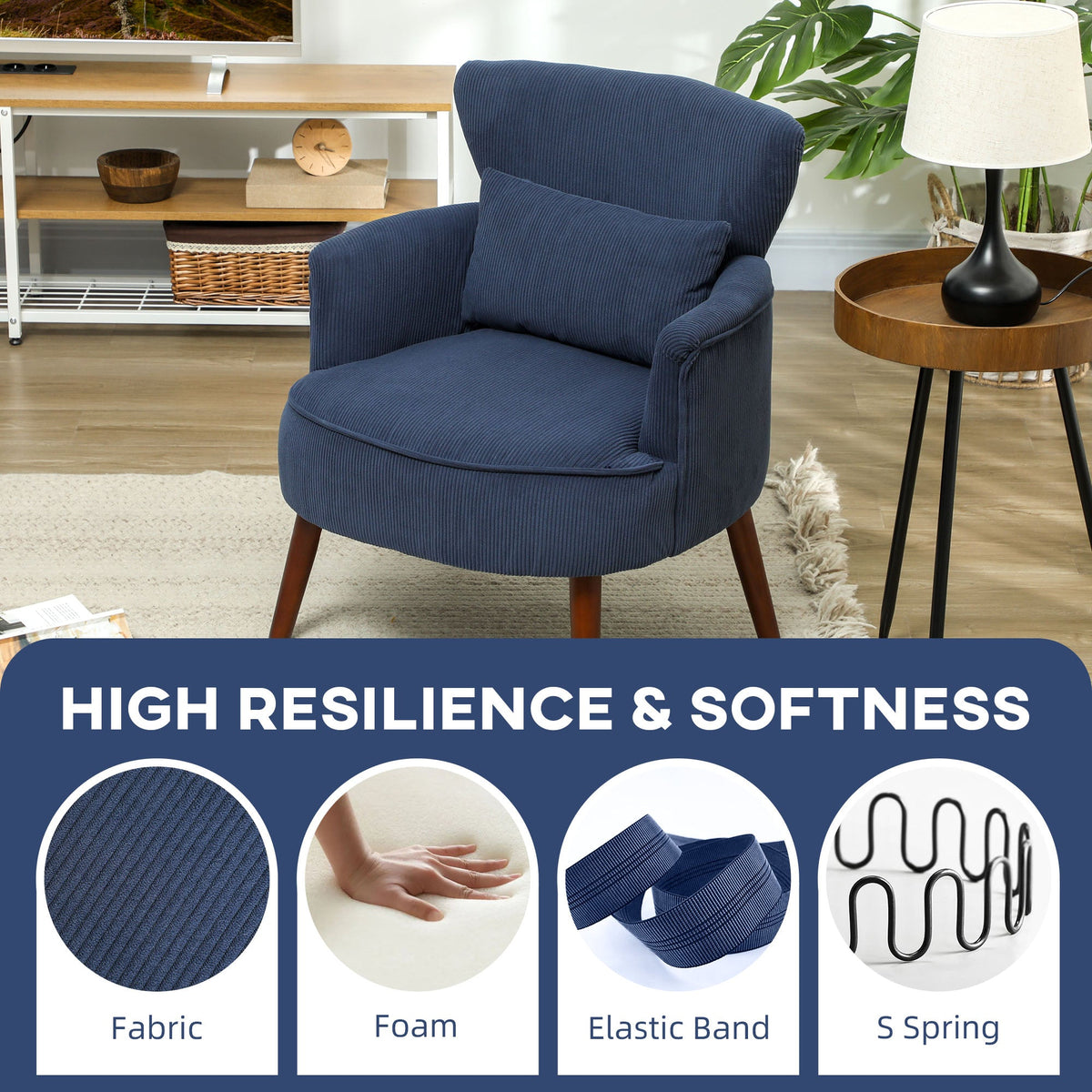 Close up of the blue corduroy accent chair showing fabric texture, foam, elastic band and spring