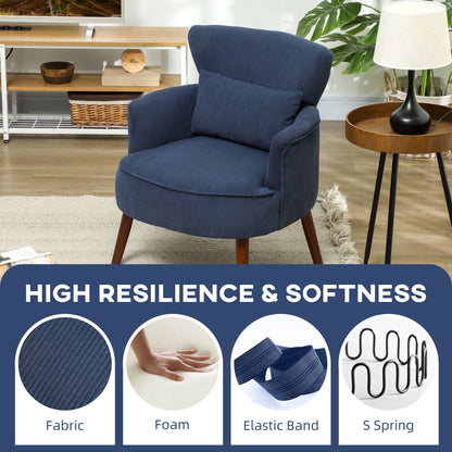 Close up of the blue corduroy accent chair showing fabric texture, foam, elastic band and spring
