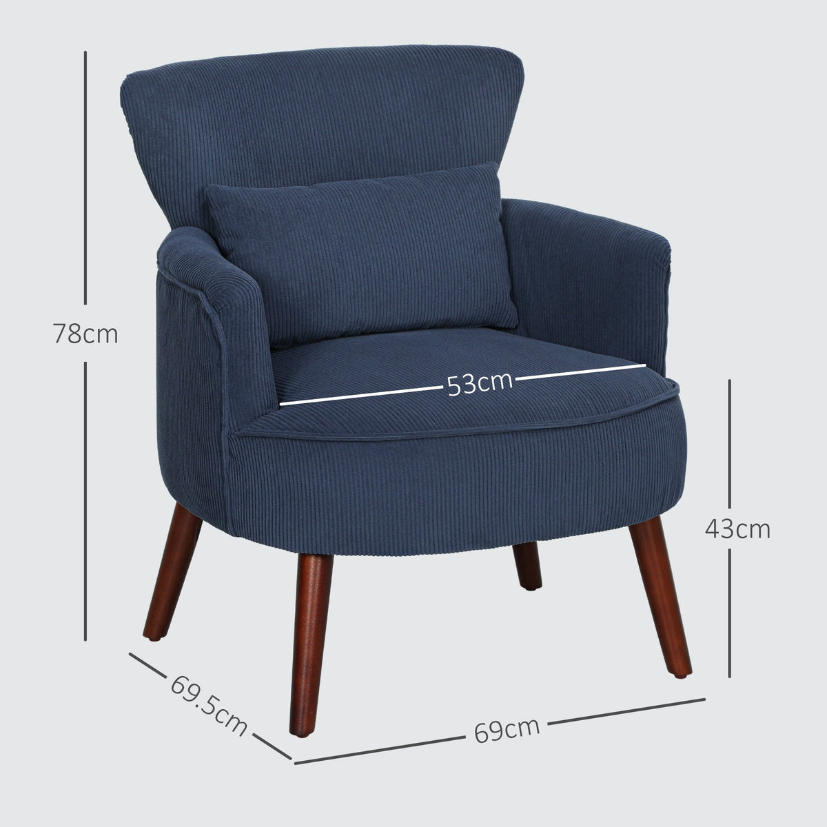 Dimensions of the blue corduroy accent chair showing height, width and depth