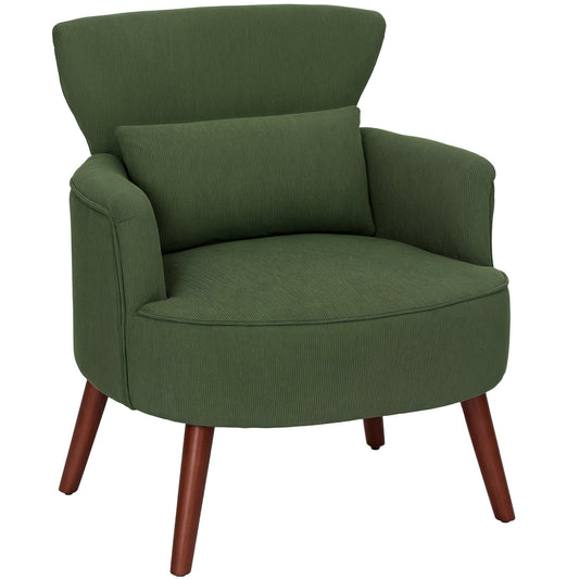 HOMCOM Corduroy Retro Accent Chair in green corduroy fabric with wooden legs and a small cushion