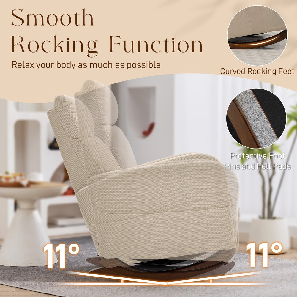 Close-up of the beige corduroy rocking armchair showing its smooth rocking function and curved rocking feet