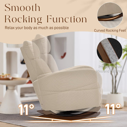 Close-up of the beige corduroy rocking armchair showing its smooth rocking function and curved rocking feet