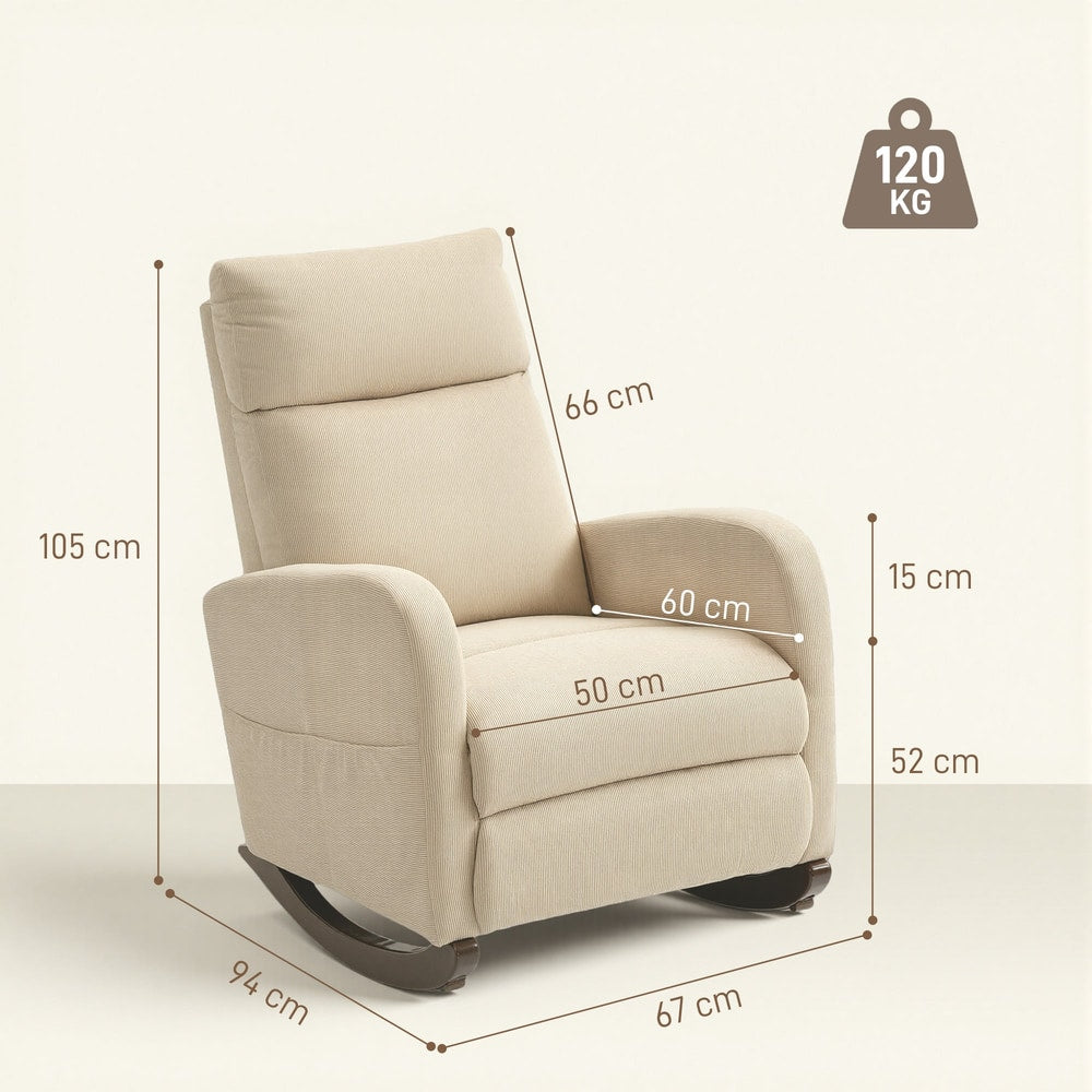 Dimensions of the beige corduroy rocking armchair shown with measurements in cm