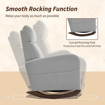 Close up of the rocking mechanism and curved feet of the grey corduroy armchair