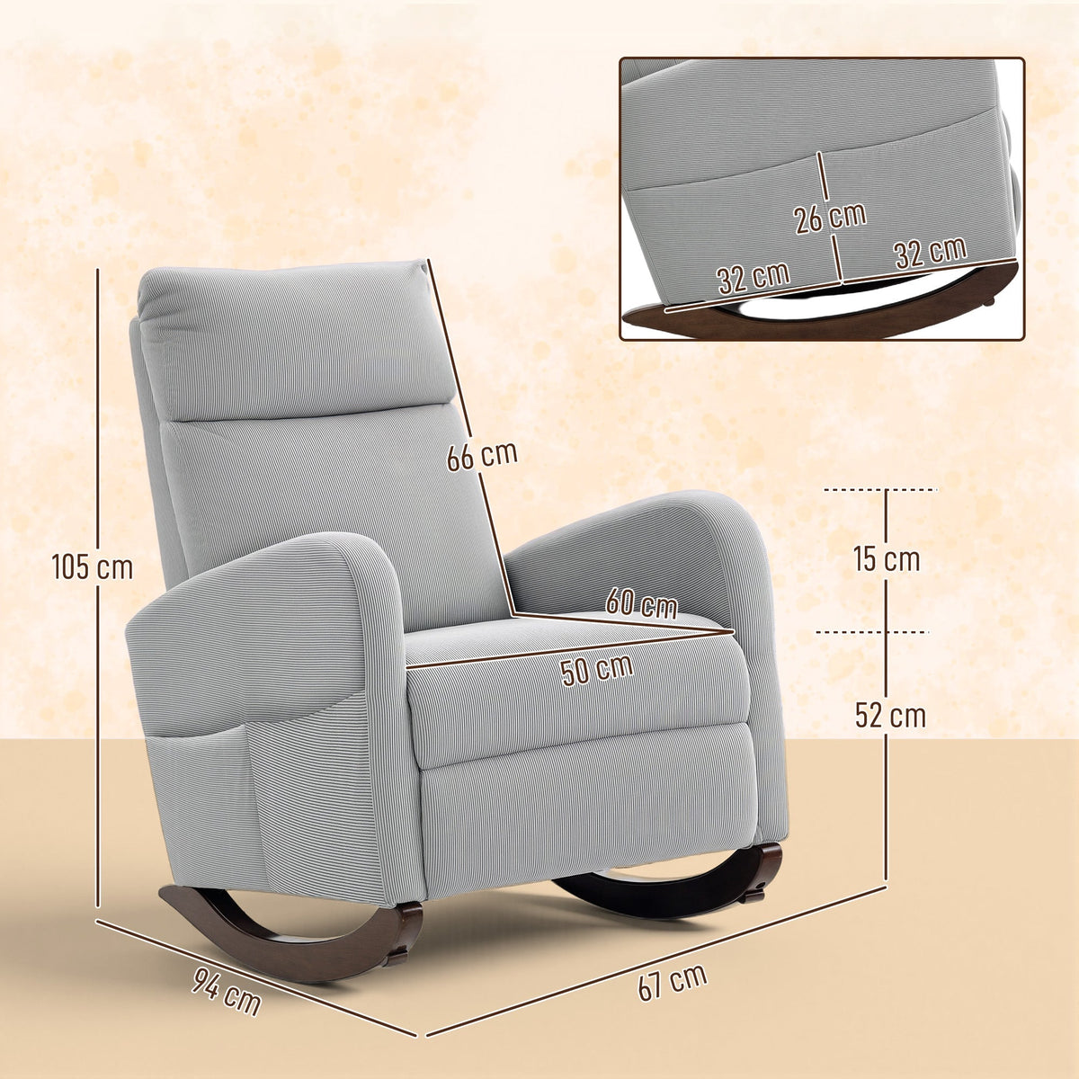 Dimensions of the grey corduroy rocking armchair shown with lines and measurements in cm