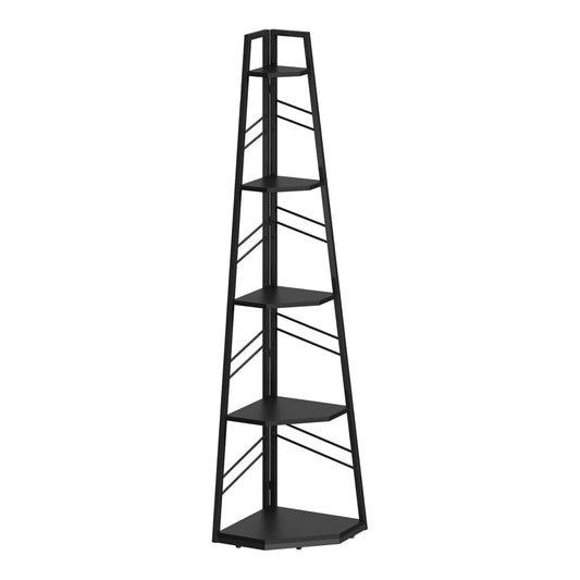 HOMCOM Corner Bookcase featuring five triangular shelves in a black metal frame