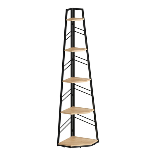 HOMCOM Corner Bookcase, a tall five-tier shelving unit with a natural wood finish and black metal frame