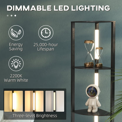 Close-up of the dimmable LED lighting on the corner shelving unit showing three-level brightness