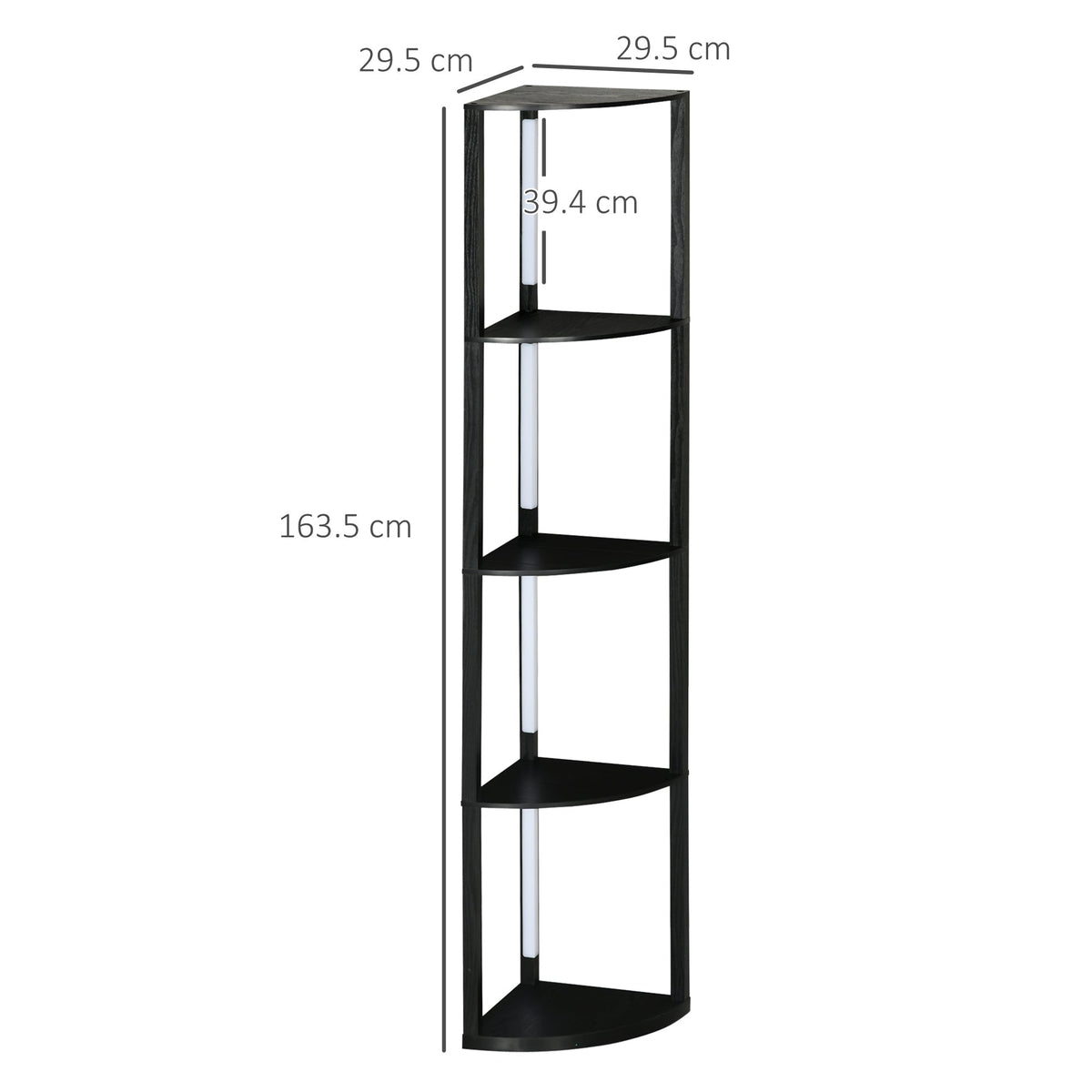 Dimensions of the tall standing lamp are shown with measurements for height and shelf depth