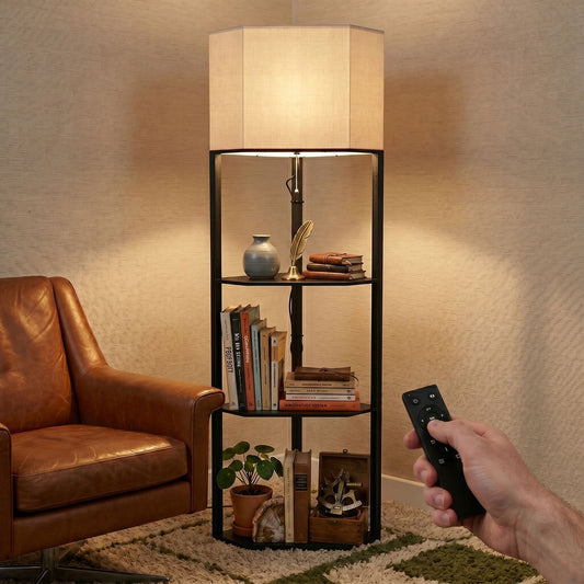 The modern floor lamp with shelves is shown in a living room with books and decor on the shelves