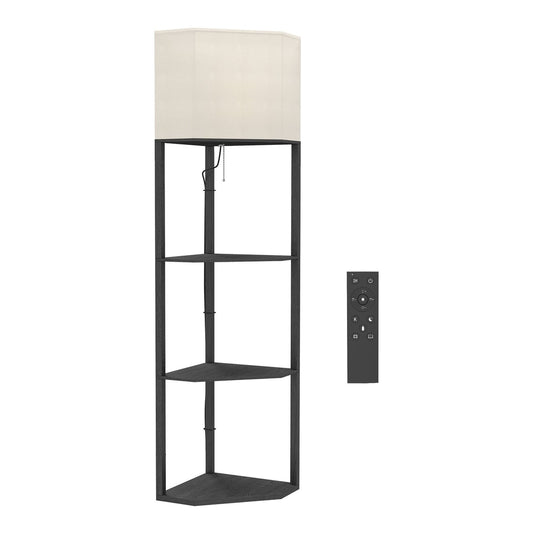 HOMCOM Corner Floor Lamp with Shelves and Lights showing the lamp and remote control