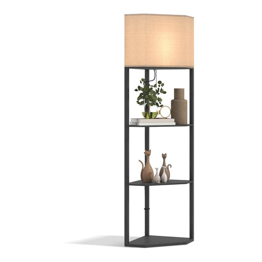 HOMCOM Corner Floor Lamp with Shelves, a tall black lamp with three shelves, lit by a cream shade