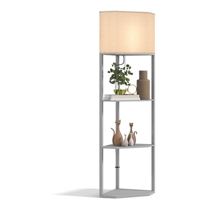 HOMCOM Corner Floor Lamp with Shelves, a tall grey lamp with three shelves and a fabric shade