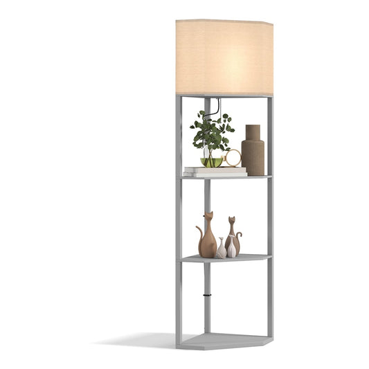 HOMCOM Corner Floor Lamp with Shelves, a tall grey lamp with three shelves and a fabric shade