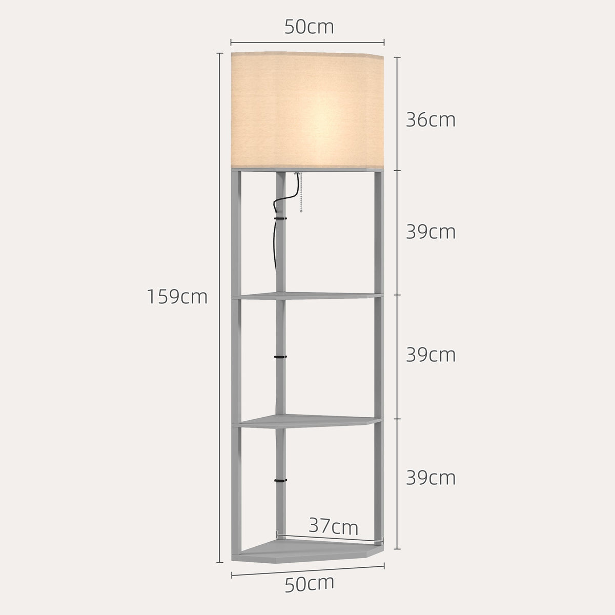 Dimensions of the corner floor lamp with shelves, showing height and shelf spacing