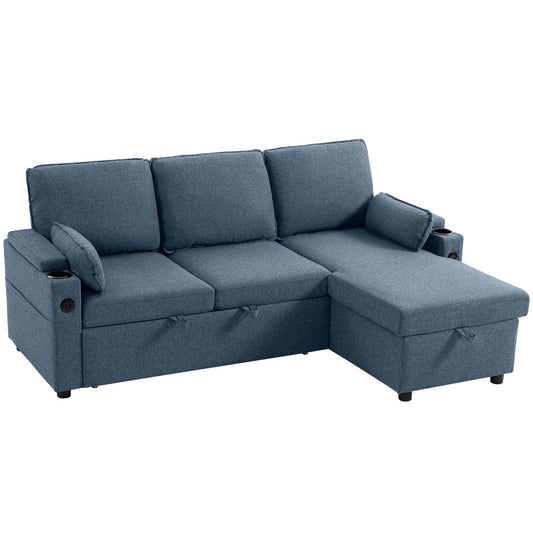 HOMCOM Corner Sofa Bed in blue with a storage chaise and integrated cup holders