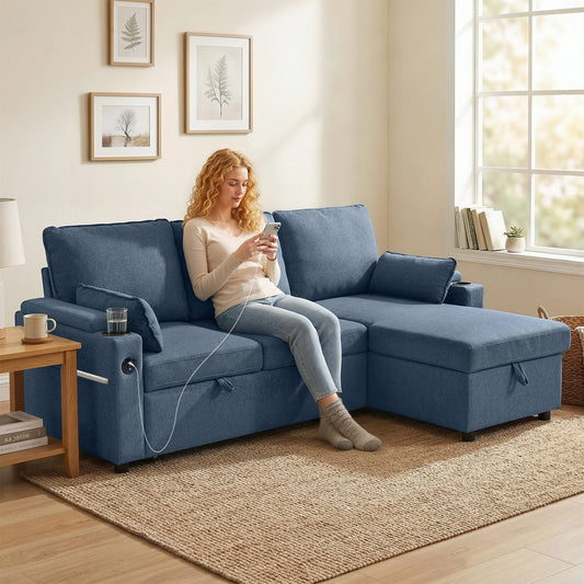 The blue corner sofa in a living room with a woman sitting and using a phone